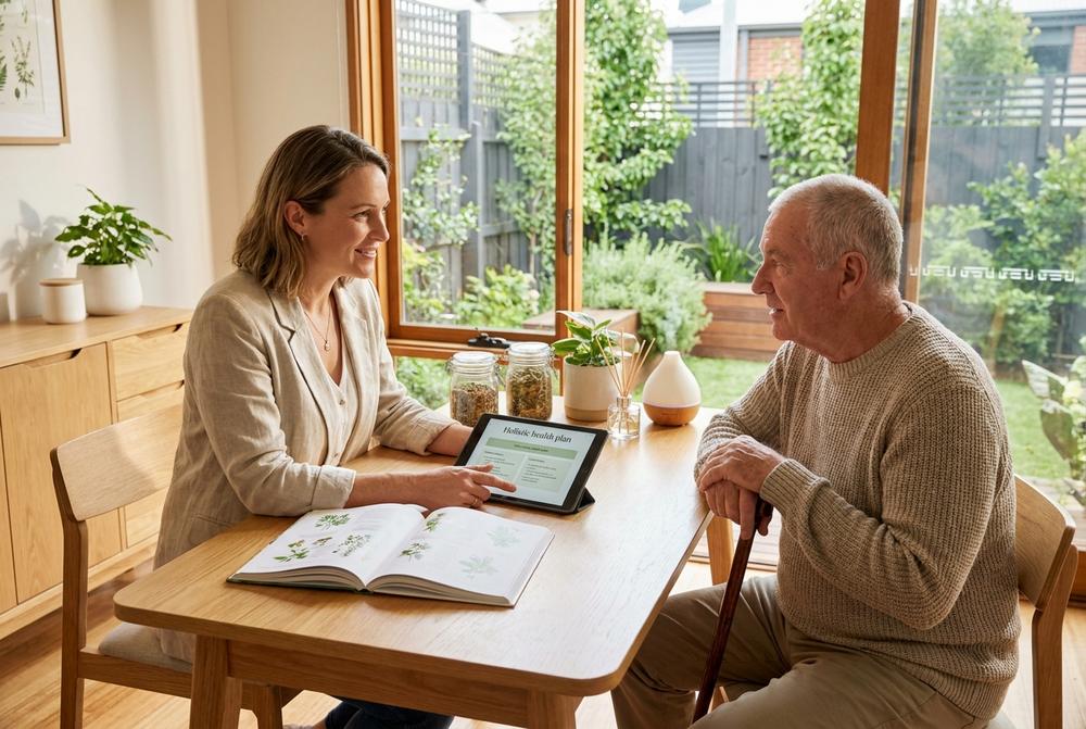 Naturopata przygotowuje ziołową mieszankę w moździerzu, obok buteleczki olejków eterycznych